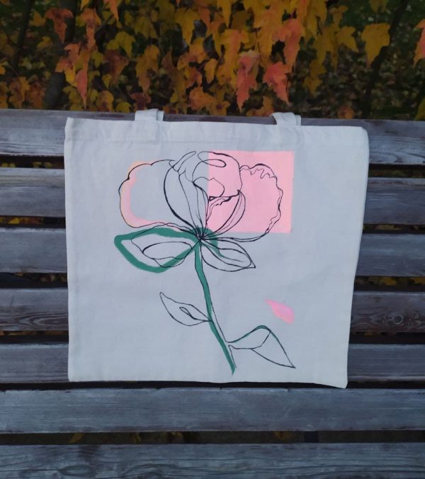 Сумка тканевая бежевая с ручным рисунком "Цветок роза"