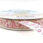 Лента атласная с рисунком "Цветочный орнамент" розовый на бежевом