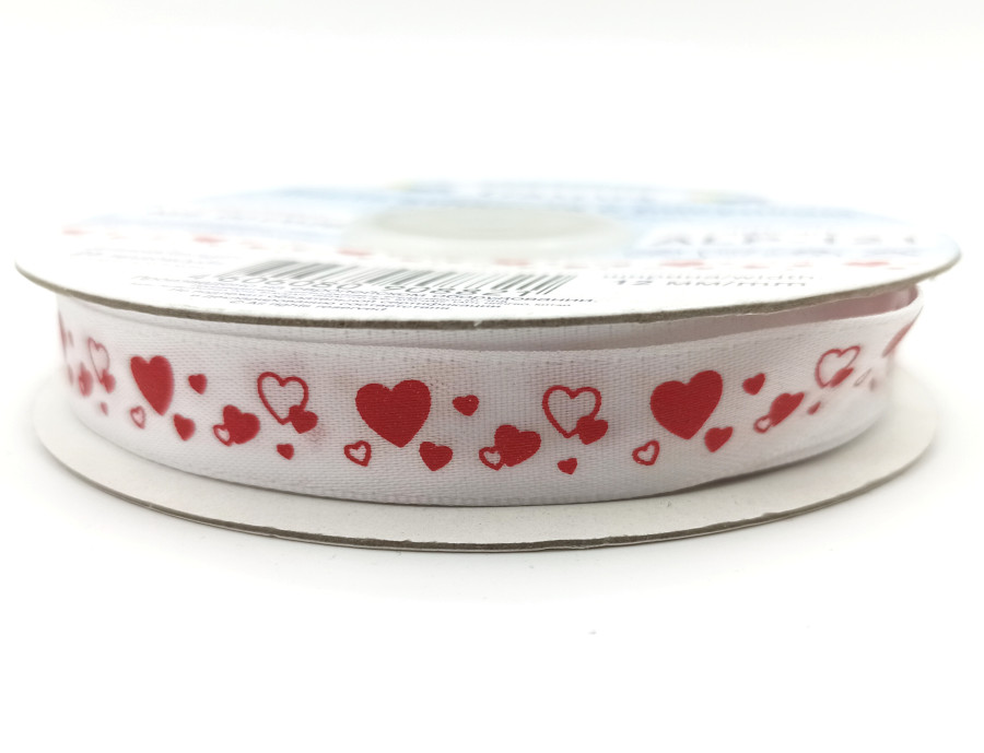 Лента атласная с рисунком "Сердечки", красные на белом Лента атласная с рисунком "Сердечки", красные на белом